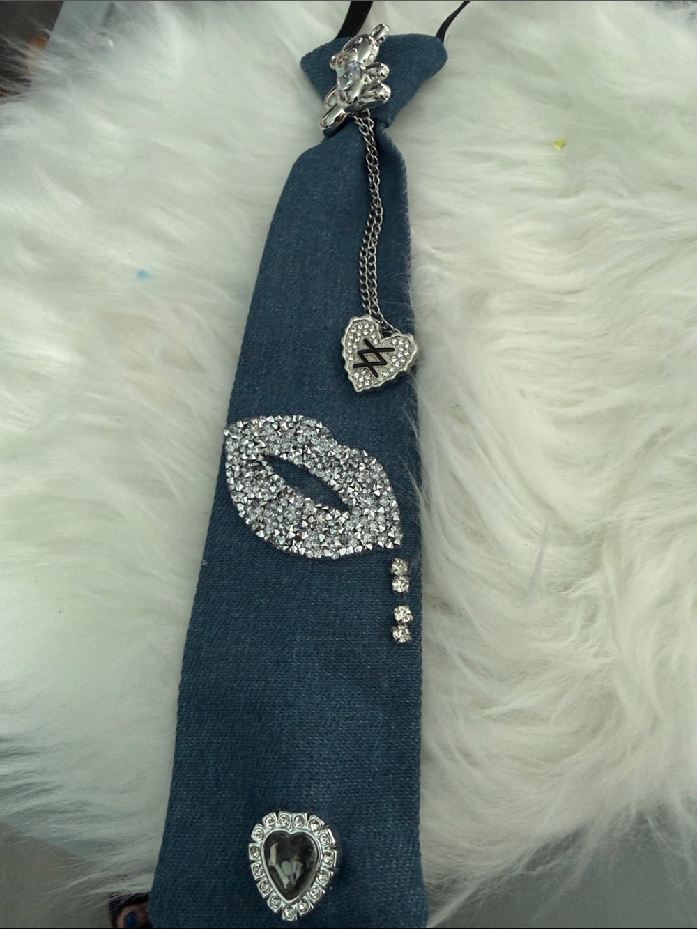 Blue Denim Statement Necklace with Crystal Lip Accent